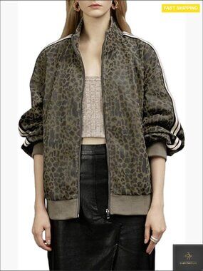 Leopard Print Faux Leather Jacket Zip Up Lightweight Casual Coat Spring